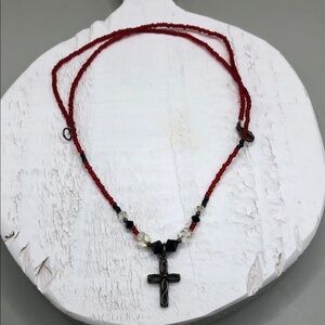 Vintage artisan handmade beaded cross sterling silver 925 necklace rosary style.